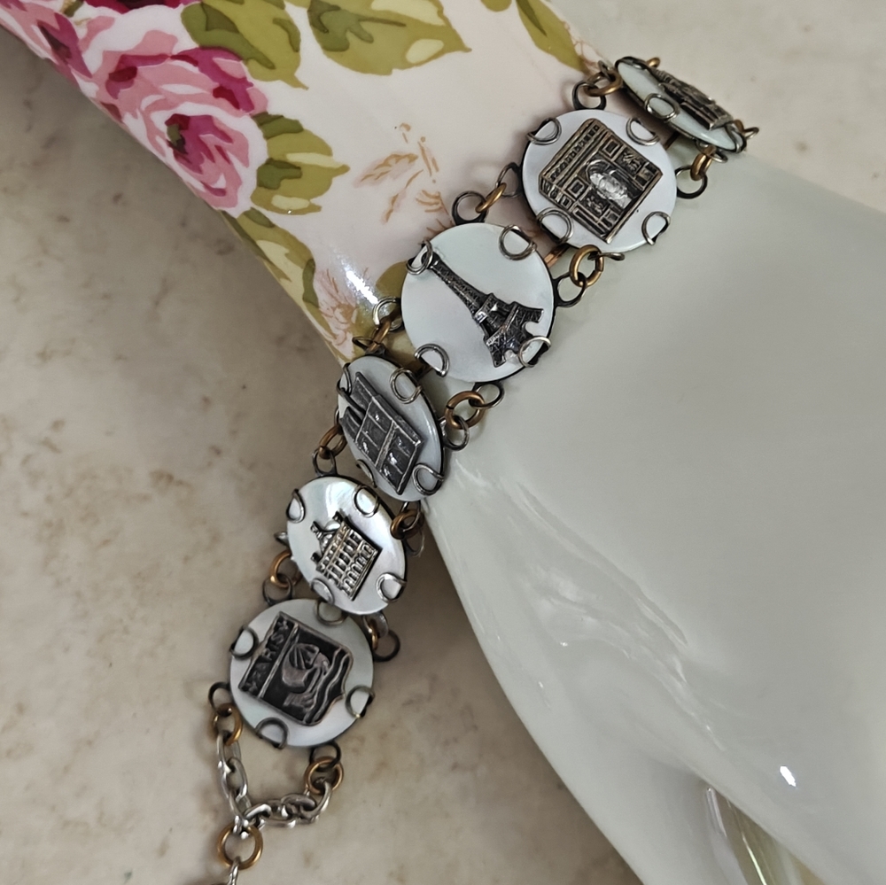 Vintage mother of pearl France Paris historic landmarks bracelet